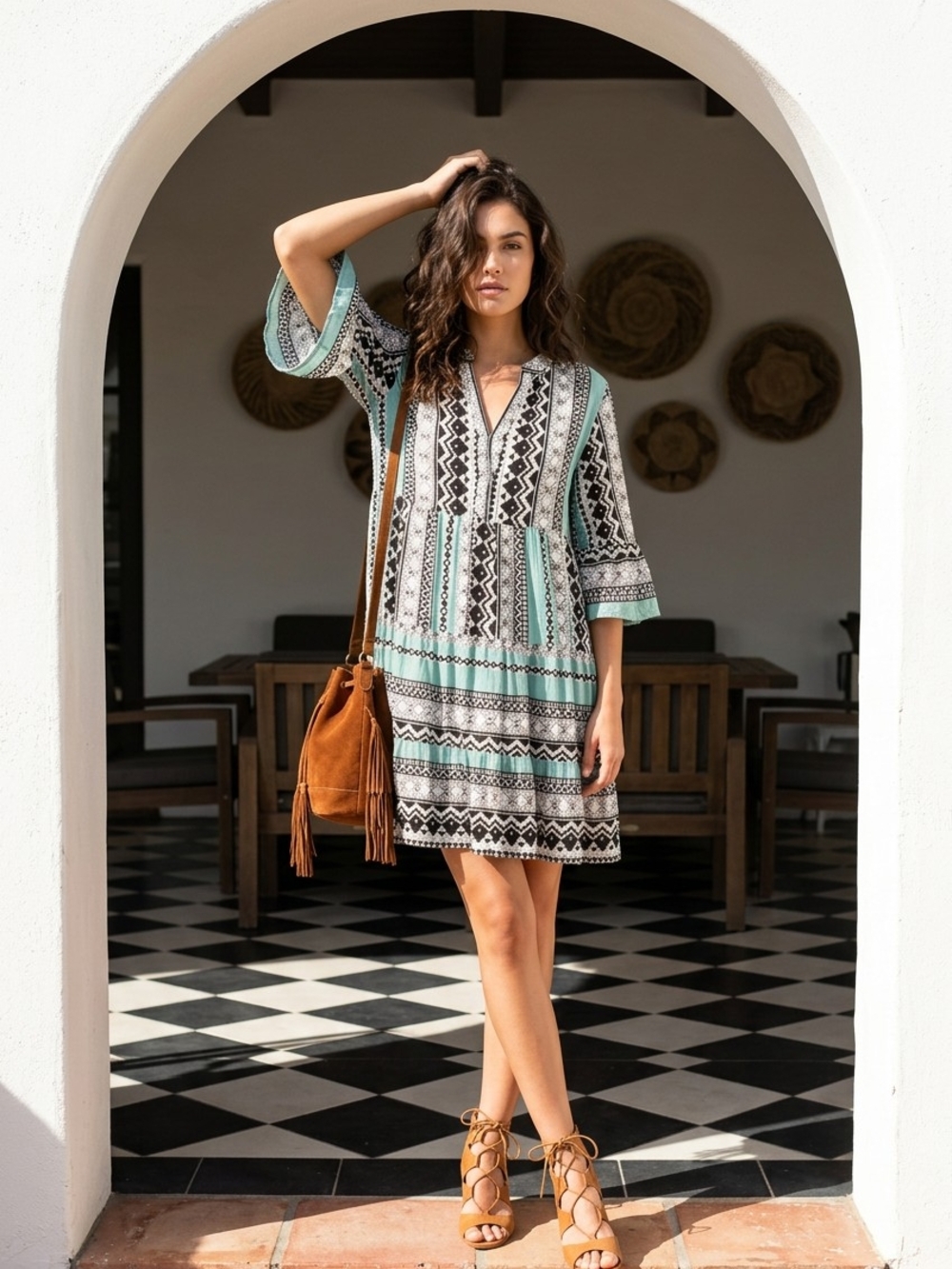 Easel Los Angeles Aztec Boho Tiered Dress